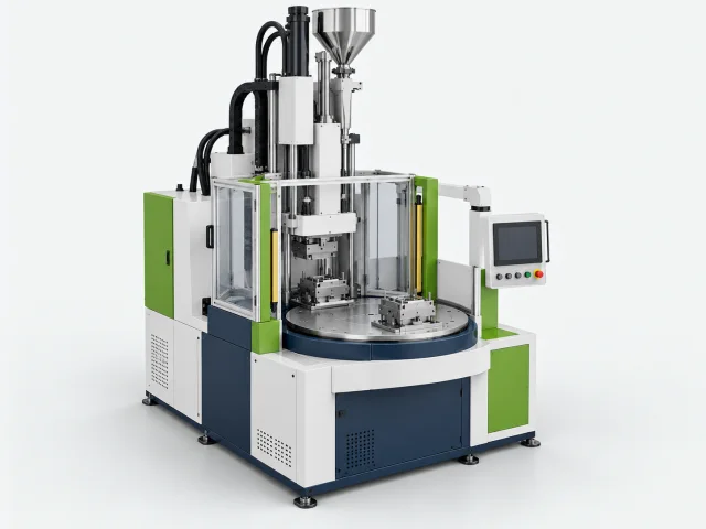 Illustration of a vertical injection moulding machine with a rotary insert-loading table