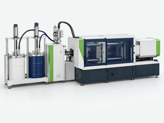 Illustration of a liquid silicone rubber moulding machine connected to a two-drum metering system