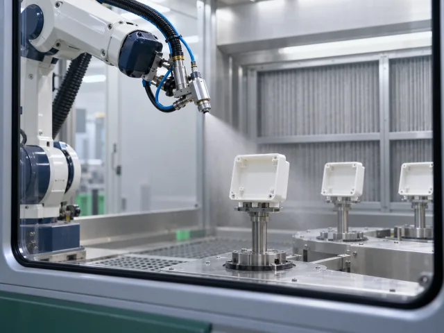 AI-generated process illustration of a robot spray-coating a plastic housing inside an enclosed booth