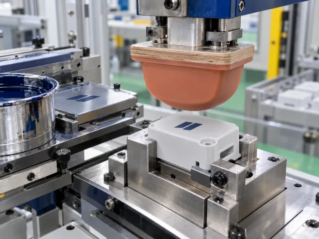 AI-generated process illustration of a silicone printing pad above a plastic housing held in a fixture