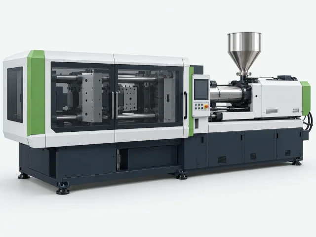 Illustration of a horizontal injection moulding machine with one injection unit and pellet hopper