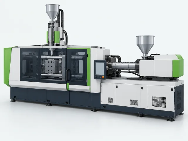 Illustration of a two-shot moulding machine with separate horizontal and vertical injection units