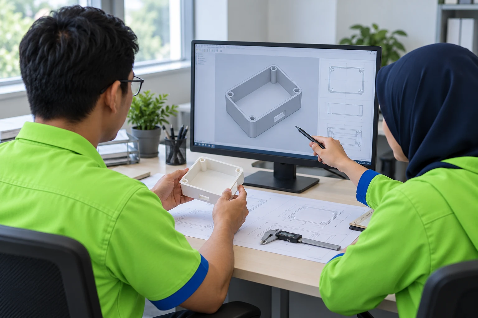 工程團隊檢視塑膠零組件的 CAD 模型與原型