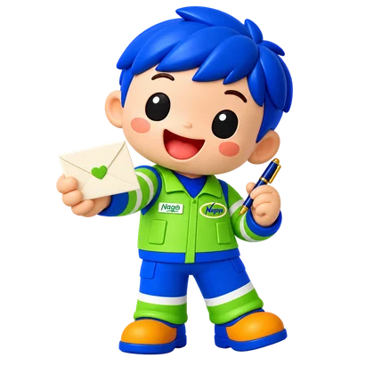 NAGO offering a heart-sealed envelope and holding a pen